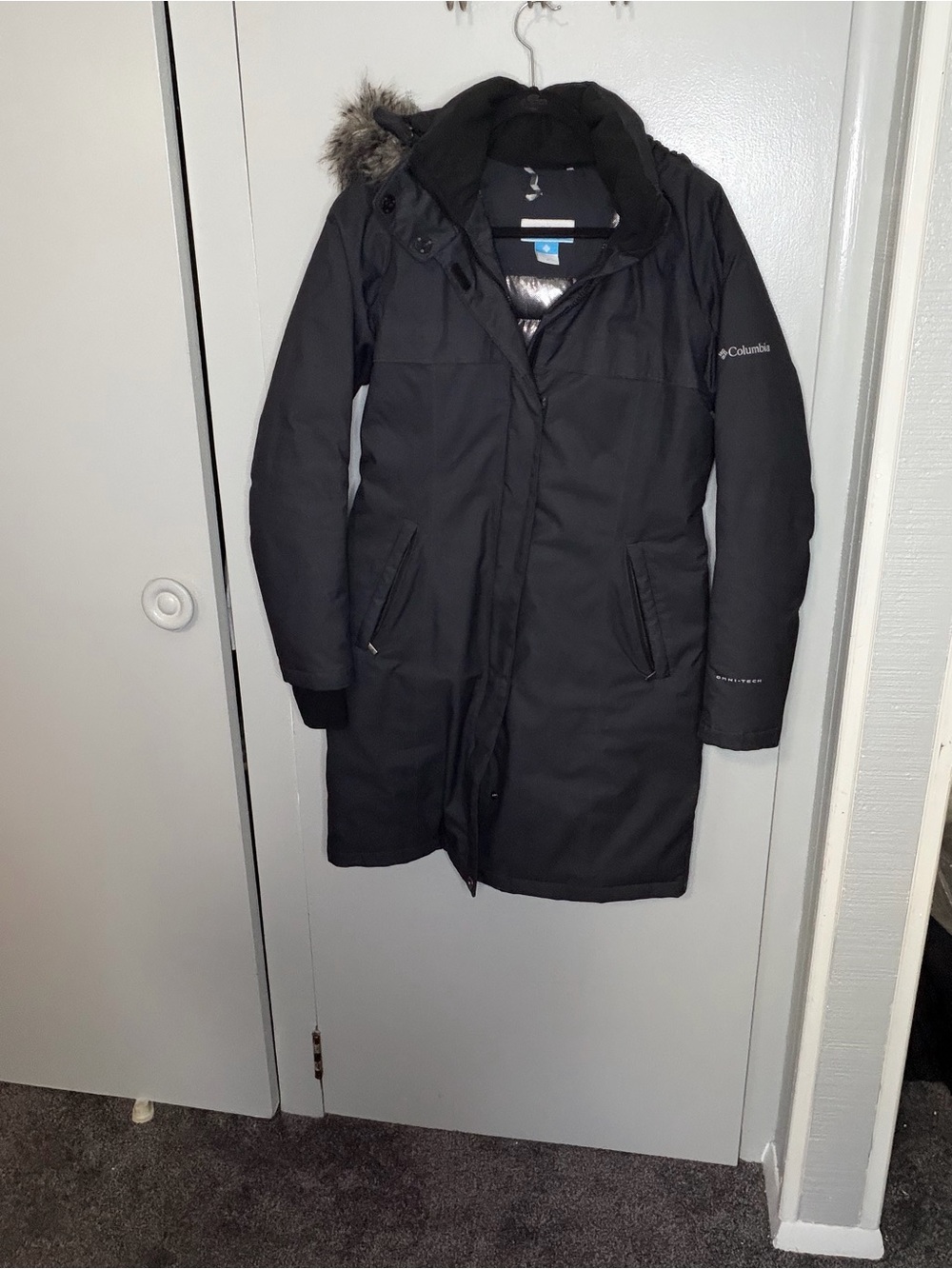 Columbia Black Long Insulated Puffer Coat with Faux Fur Hood